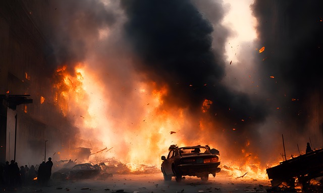 imagen conflico en la calle con tonos naranjas y oscuros casi negroa